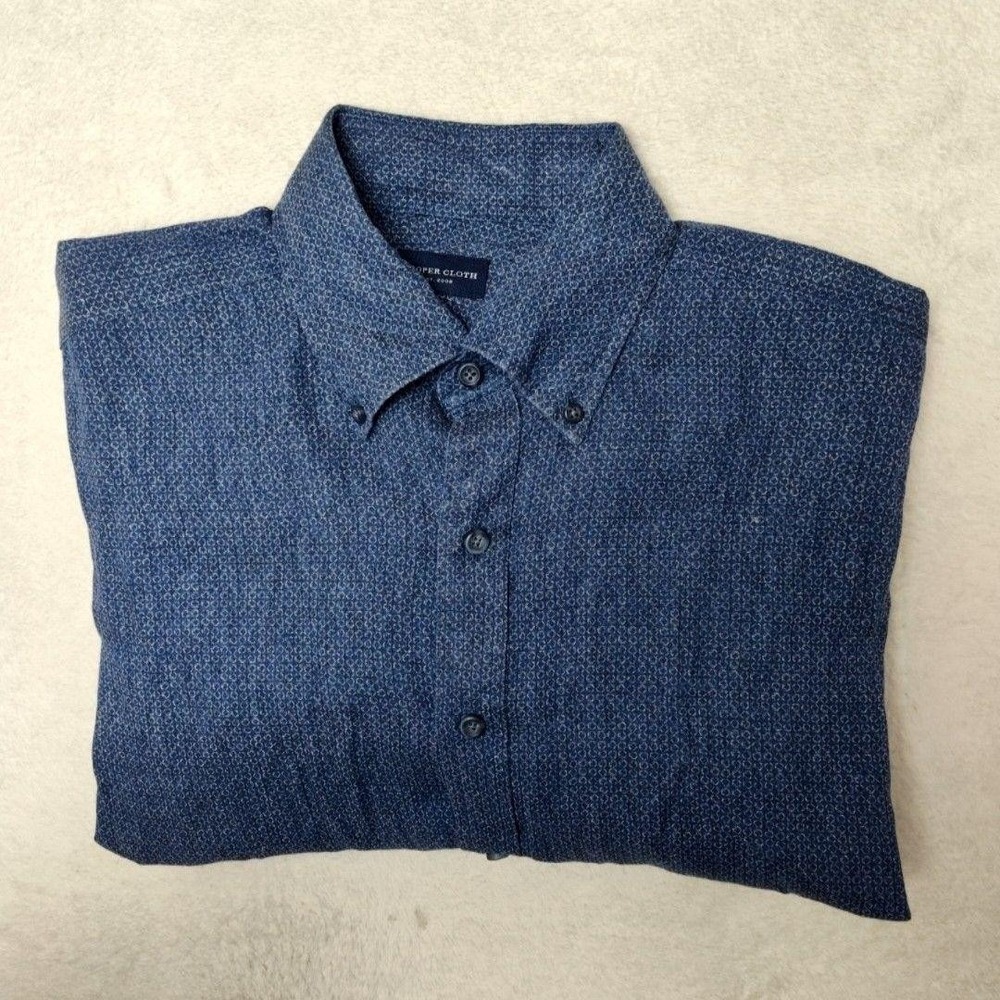 Proper Cloth Shirt Mens Large Blue Geometric Linen Button-Up Classic Fit Casual